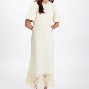 ZARA Bloggers Favorite Ecru Textured Weave Tweed Fringe Hem Midi Dress SZ S